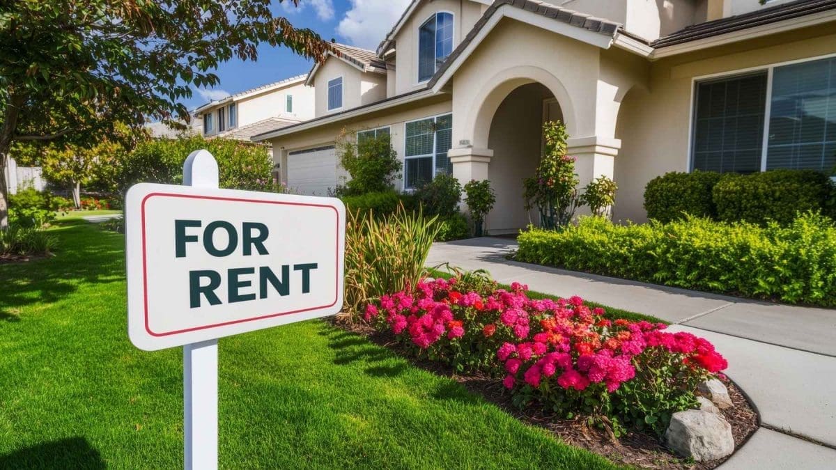 white sign stating for rent in black text on the left side of screen, the background is a white home with green lawn and pink flower bush next to walkway leading up to home