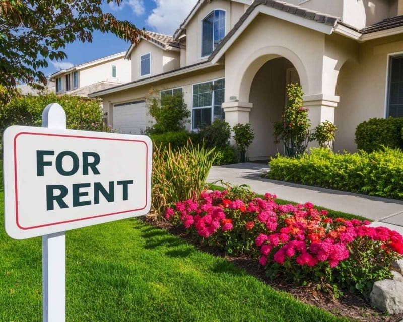 white sign stating for rent in black text on the left side of screen, the background is a white home with green lawn and pink flower bush next to walkway leading up to home